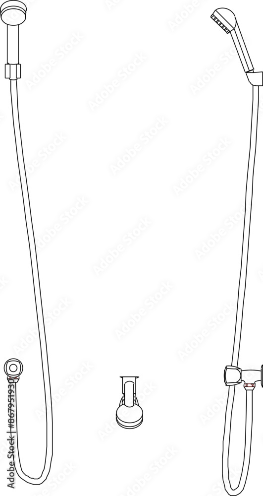 Vector silhouette illustration sketch of a detailed design of a monoblock faucet and shower with a long hose in a home bathroom