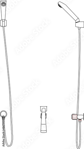 Vector silhouette illustration sketch of a detailed design of a monoblock faucet and shower with a long hose in a home bathroom © achmad
