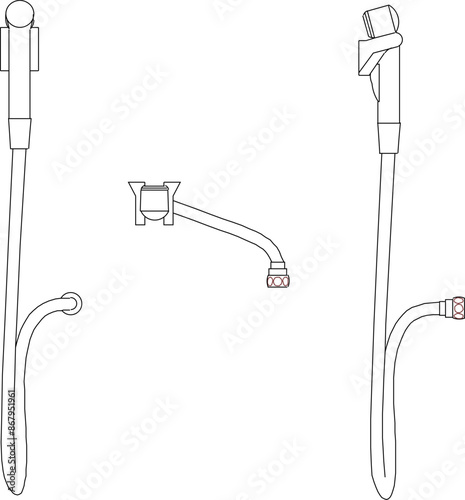 Vector silhouette illustration sketch of a detailed design of a monoblock faucet and shower with a long hose in a home bathroom