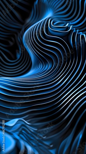 Blue parallel curved lines on a black background represent the abstract background
