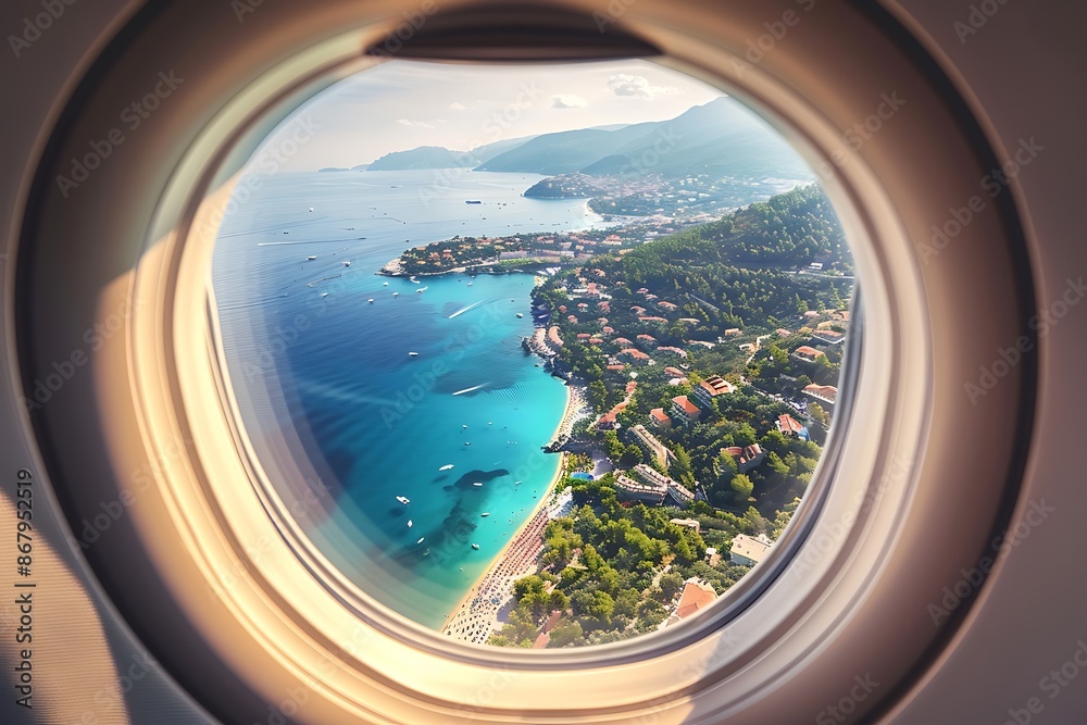 An airplane window with a city and ocean An airplane window with a city and ocean