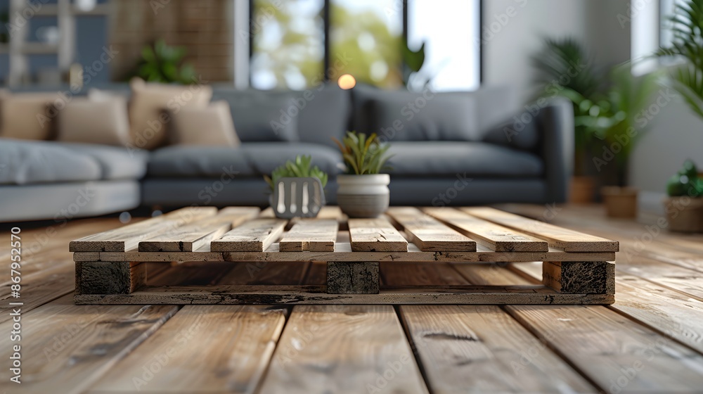 Wooden pallet on the floor in the modern living room with blurred background Wooden pallet on the floor in the modern living room with blurred background