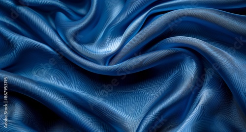 Close Up of Blue Silk Fabric Draped and Folded
