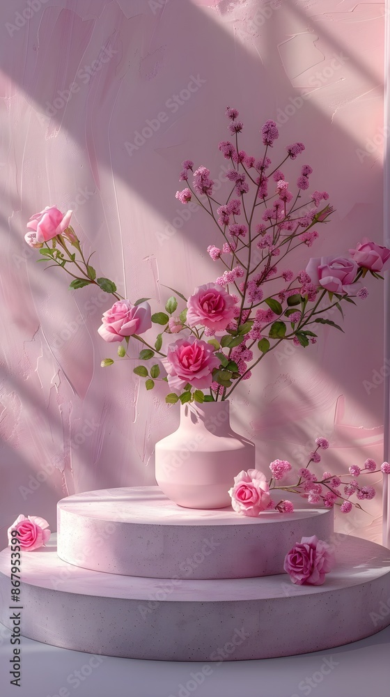 White round podium with pink roses on a pink background. Mockup for product presentation with floral decor for design and print White round podium with pink roses on a pink background. Mockup for product presentation with floral decor for design and print