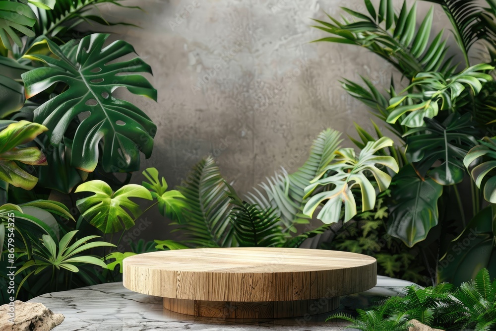 Empty wooden podium backdrop with tropical leaves and concrete wall for natural product display. Concept of beauty, wellness, cosmetics, and sustainability. Empty wooden podium backdrop with tropical leaves and concrete wall for natural product display. Concept of beauty, wellness, cosmetics, and sustainability.