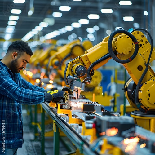 Industrial Worker Monitoring Robotic Arm in Factory