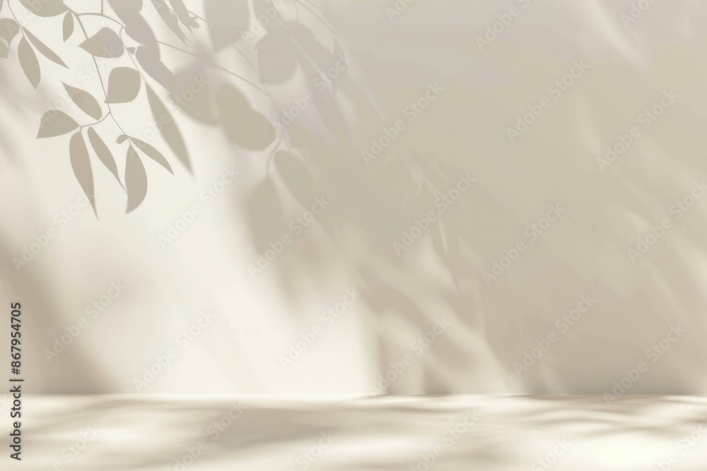 Minimalist background with sunlight and leaf shadows on wall. Empty podium for product placement. Concept of natural beauty, cosmetics display, and wellness.