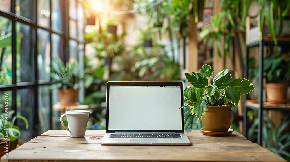 Wooden table with laptop white screen and a cup of coffee, complemented by a vibrant potted plant blurred background. High quality photo Wooden table with laptop white screen and a cup of coffee, complemented by a vibrant potted plant blurred background. High quality photo
