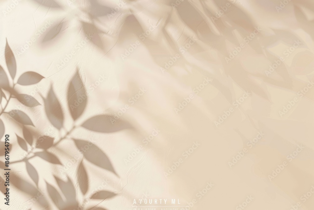 Obraz premium Aesthetic background with delicate leaves shadows on beige wall. Minimal nature backdrop with copy space.