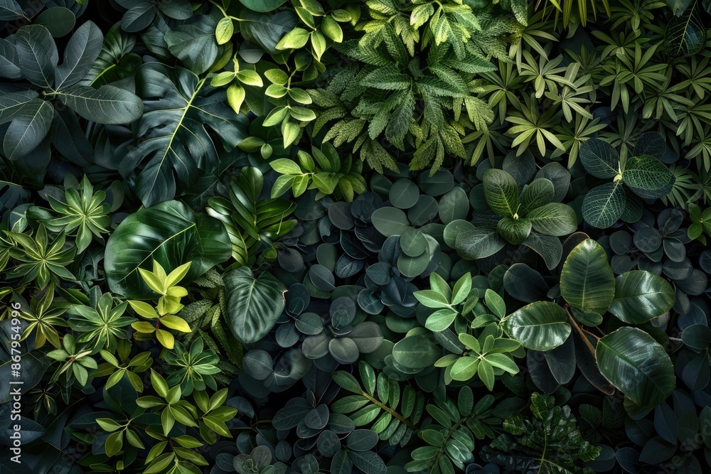 Fototapeta premium Lush Green Wall of Tropical Leaves. Natural Background Texture