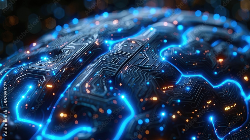 Fototapeta premium Brain decorated with blue glowing electrical circuits.