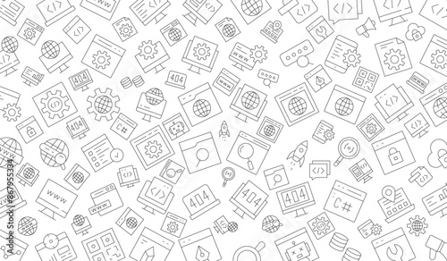Software development seamless pattern with line icons. Programming language background, application, computer program develop vector illustration. Outline wallpaper for website design.