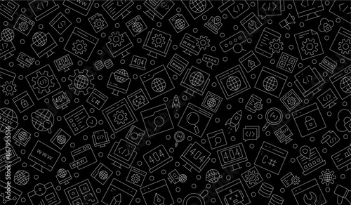 Software development seamless pattern with line icons. Programming language background, application, computer program develop vector illustration. Outline wallpaper for website design.