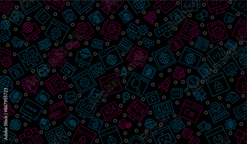 Software development seamless pattern with line icons. Programming language background, application, computer program develop vector illustration. Outline wallpaper for website design.