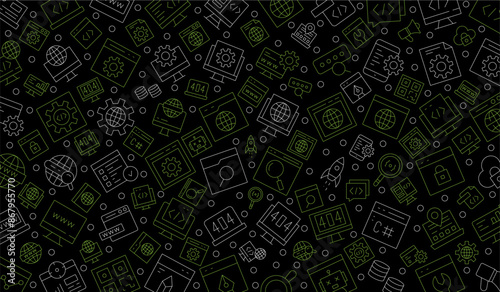 Software development seamless pattern with line icons. Programming language background, application, computer program develop vector illustration. Outline wallpaper for website design.