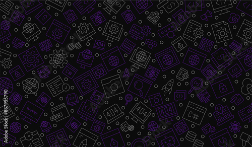 Software development seamless pattern with line icons. Programming language background, application, computer program develop vector illustration. Outline wallpaper for website design.