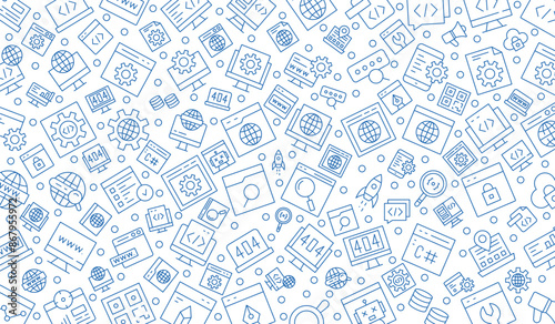 Software development seamless pattern with line icons. Programming language background, application, computer program develop vector illustration. Outline wallpaper for website design.