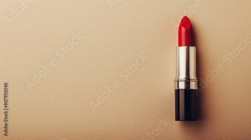 Red lipstick on a beige backdrop with space for text Beauty and cosmetics theme