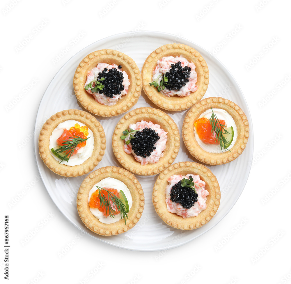 Delicious canapes with salmon and caviar isolated on white, top view Delicious canapes with salmon and caviar isolated on white, top view