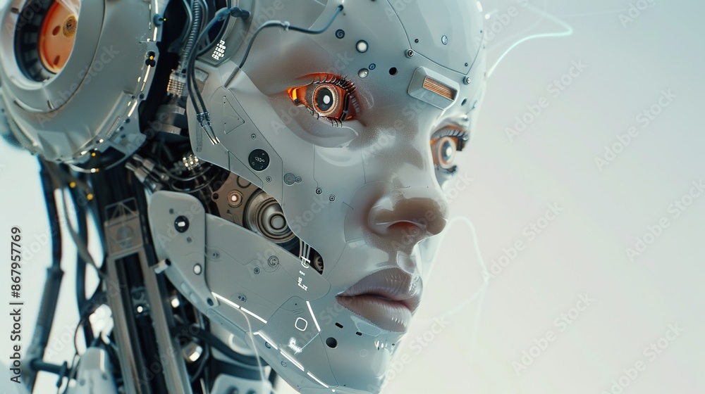 Futuristic AI Robot Head with Interactive Digital Interface Elements Close-Up Futuristic AI Robot Head with Interactive Digital Interface Elements Close-Up