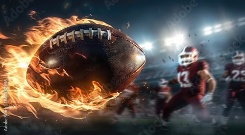 Electrifying moment: a football on fire soaring air amidst players in background stadium, symbolizing excitement, action of american football, showcasing sport's powerful, dramatic essence in visual photo