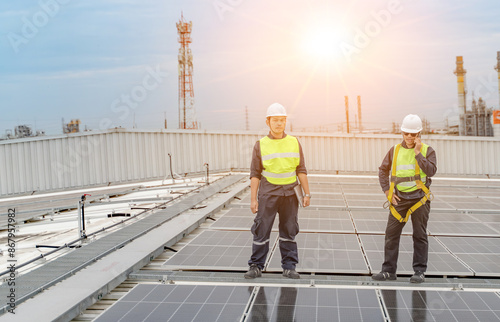 Wallpaper Mural Technology solar cell, Engineers walking on roof inspect and check solar cell panel, service check installation solar cell on the roof of factory, repair solar cell on the roof of the factory. Torontodigital.ca