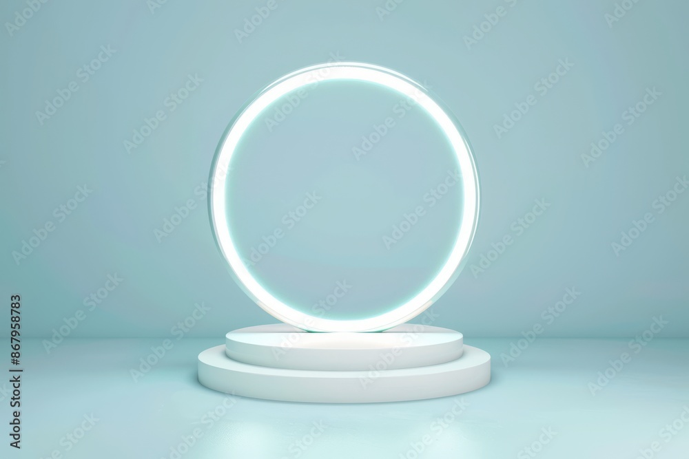 Minimalistic white podium with glowing neon circle on blue background, ideal for product placement or showcasing. Concept of presentation, display, and modern aesthetics. Minimalistic white podium with glowing neon circle on blue background, ideal for product placement or showcasing. Concept of presentation, display, and modern aesthetics.