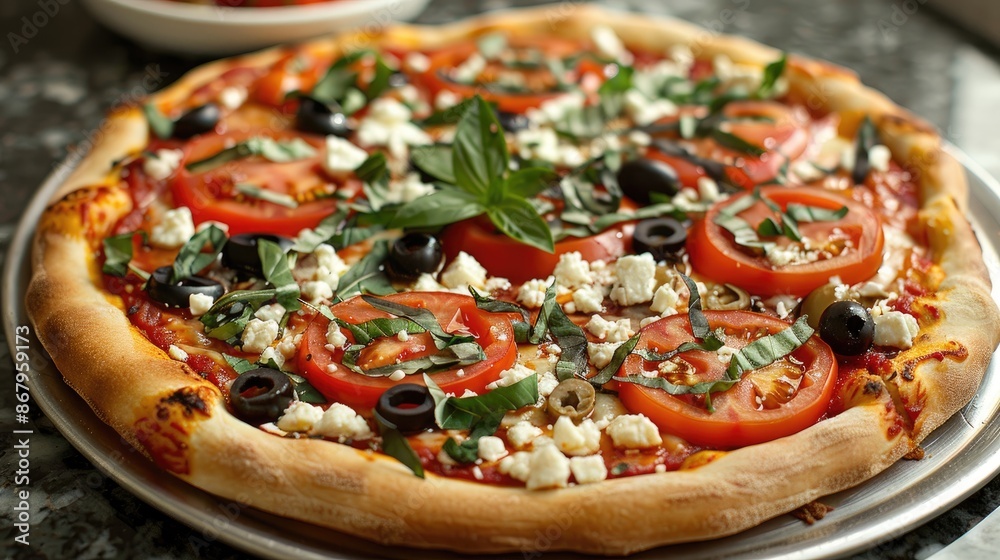 Traditional Margarita Pizza with basil tomatoes olives and feta a beloved Italian or Greek dish Traditional Margarita Pizza with basil tomatoes olives and feta a beloved Italian or Greek dish