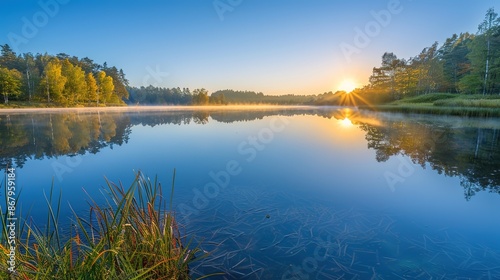 Serene Sunrise Over Tranquil Lake - Peaceful Morning Scenery with Clear Sky and Open Waters