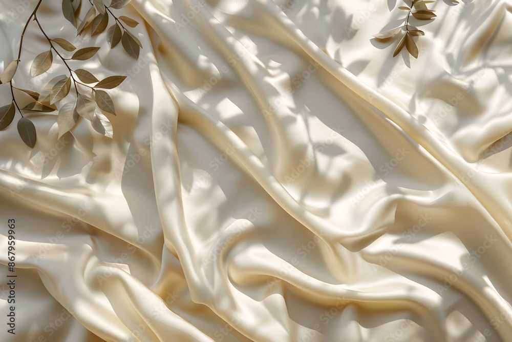 Obraz premium Beige satin fabric texture background with shadow of leaves. Top view flat lay