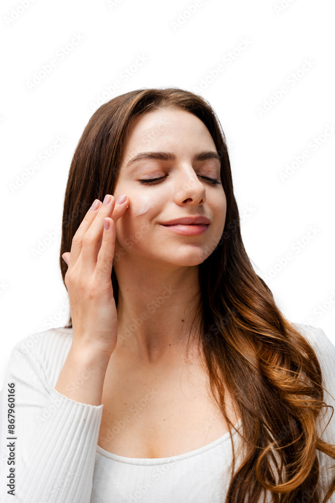 Hydration facial skin with help of special cream. Applying moisturizing cream on face of attractive girl. Hydration facial skin with help of special cream. Applying moisturizing cream on face of attractive girl.