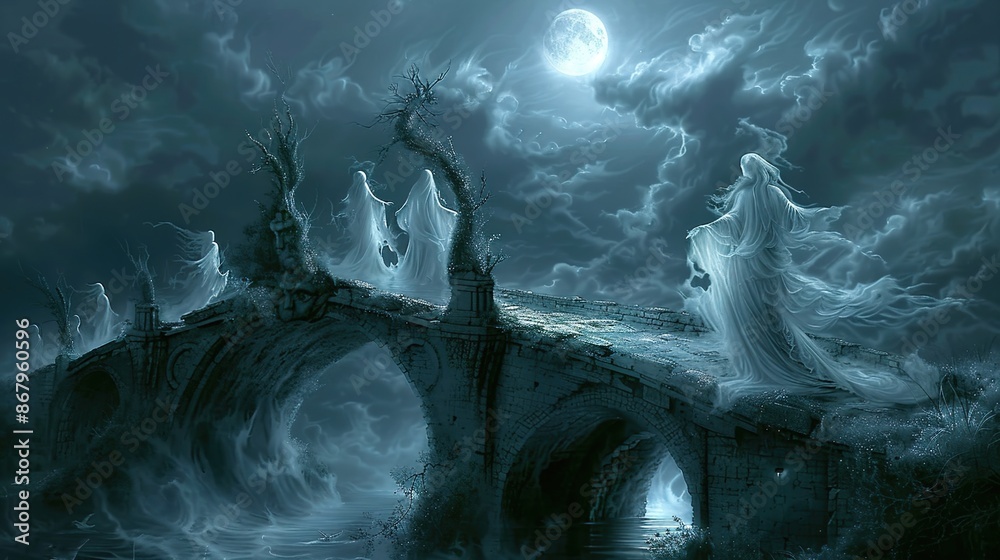 Fototapeta premium Eerie Spectres Waltzing under Moonlight on Haunted Bridge