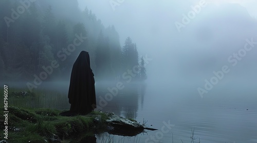 Enigmatic Cloaked Figure on the Misty Lake Shoreline