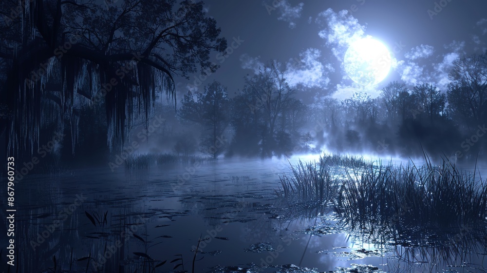 Fototapeta premium Eerie Mist Blanketing Moonlit Swamp - A Spooky Night in Nature