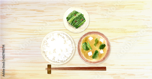 上から見たごはんと味噌汁とお漬物の水彩イラスト