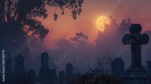 Eerie Moonrise: Mystical Night at Foggy Cemetery