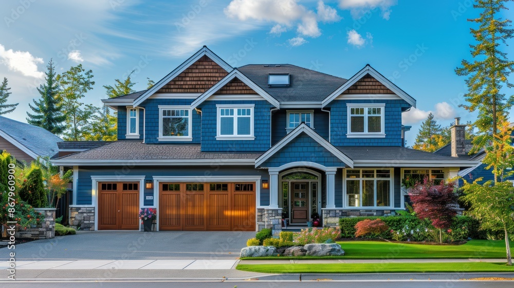 Modern Blue House with a Garage and Lush Landscaping Modern Blue House with a Garage and Lush Landscaping
