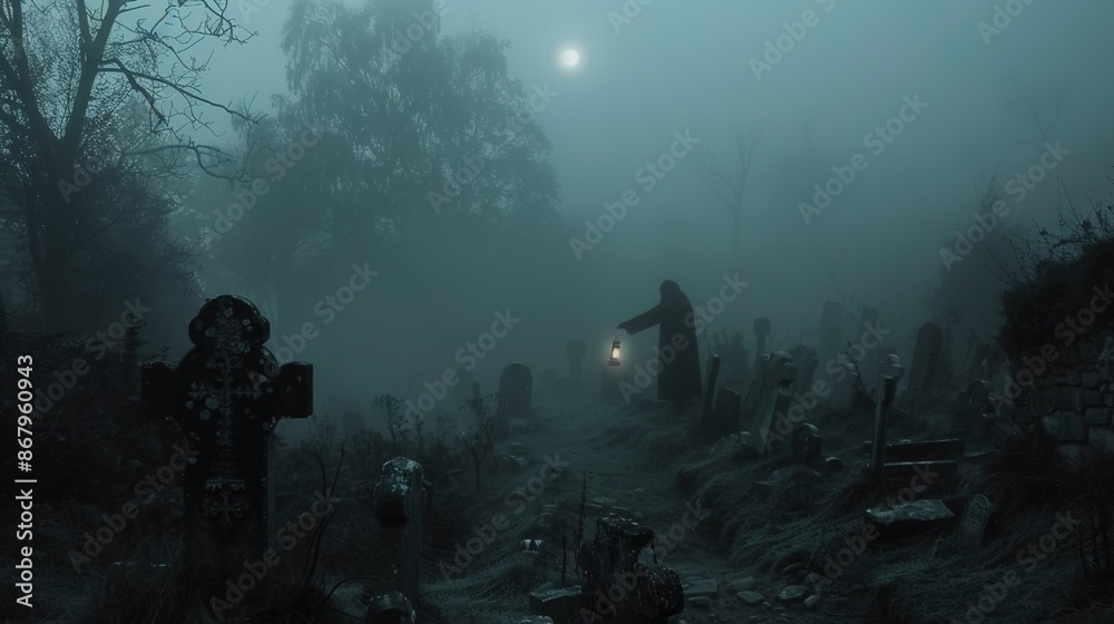 Eerie Atmosphere in the Mist: Haunting Graveyard with Mysterious Lantern-Bearer