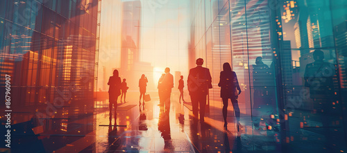 Executives in a modern office with a vibrant cityscape double exposure, bathed in warm daylight, illustrating urban business harmony