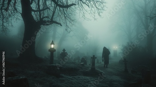 Creepy Atmosphere of a Foggy Graveyard with a Mysterious Figure Holding Lantern in the Dark