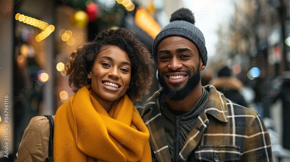 Smiling Couple Posing for a Photo on a City Street Smiling Couple Posing for a Photo on a City Street