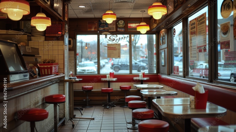 Red Booths and a View in a Retro Diner