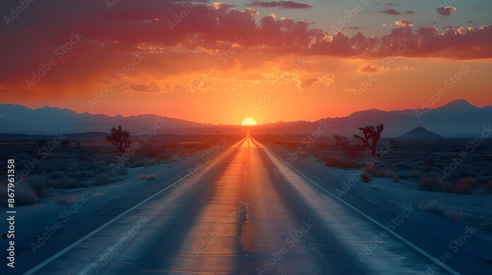Obraz premium A deserted road stretching straight into the horizon with a stunning sunset and mountains in the background