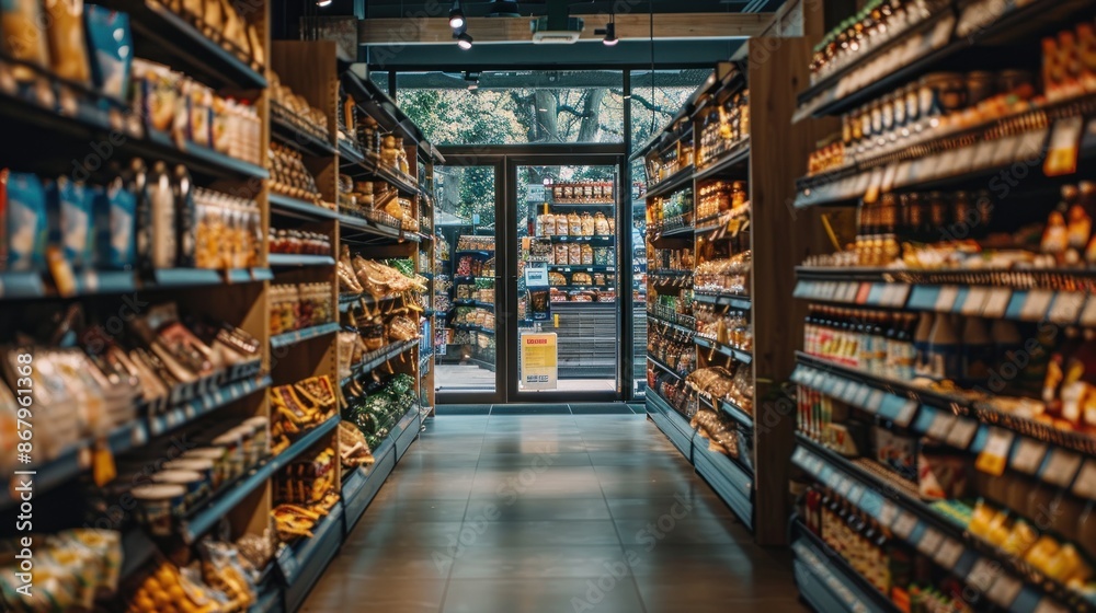Grocery Store Aisle with Products on Shelves Grocery Store Aisle with Products on Shelves