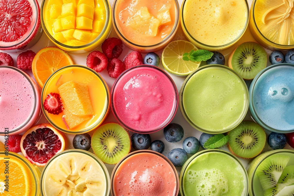 A variety of colorful smoothies and fresh fruit are arranged on a white surface. Generative AI A variety of colorful smoothies and fresh fruit are arranged on a white surface. Generative AI