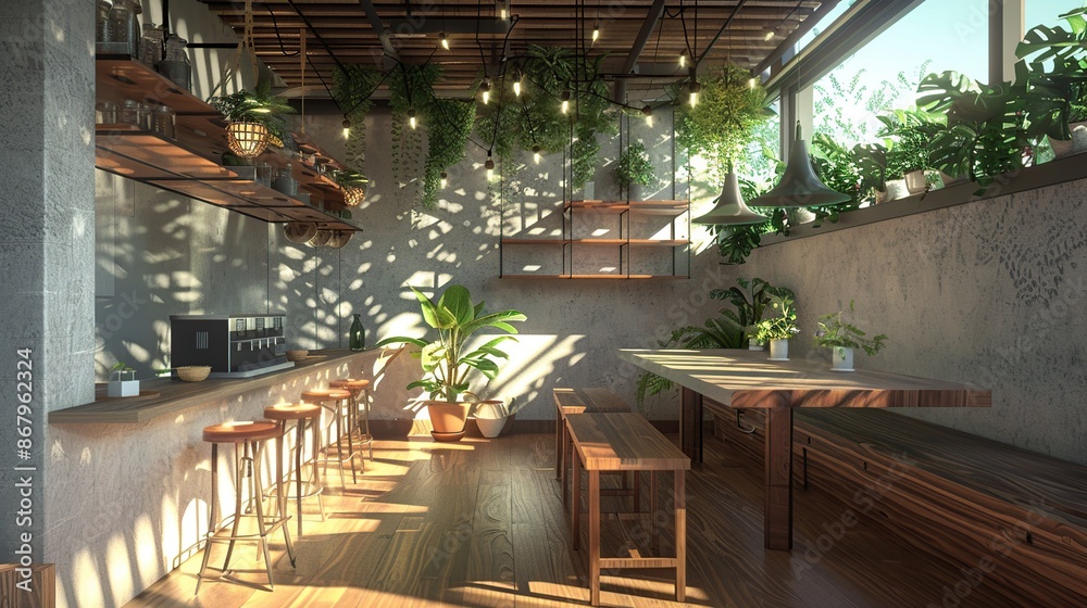 Modern Cafe Interior with Wooden Details Modern Cafe Interior with Wooden Details