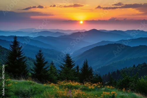 Breathtaking Sunset over Layers of Blue Ridge Mountains, Nature Landscape