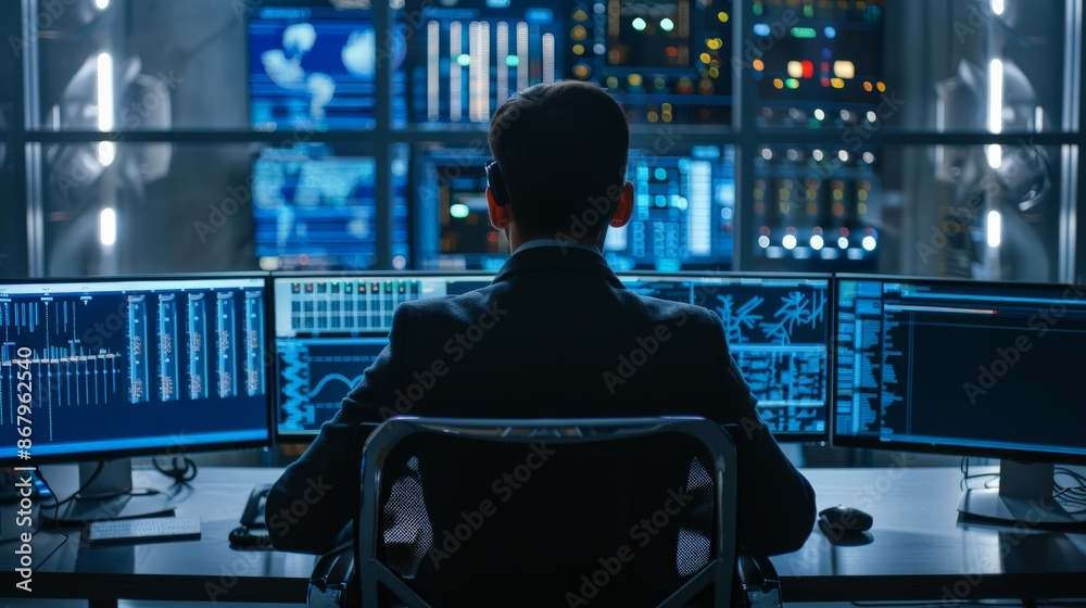 Cybersecurity expert monitoring threats in a high tech security center Cybersecurity expert monitoring threats in a high tech security center