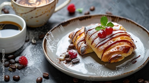 Wallpaper Mural Delicious pastry with coffee on plate in close up view Torontodigital.ca