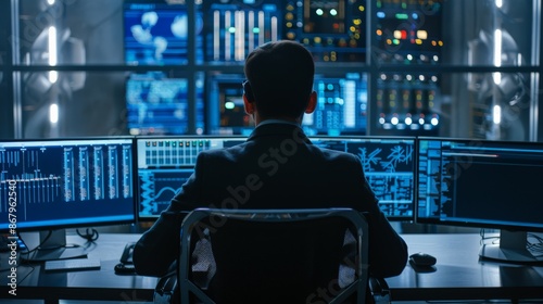 Cybersecurity expert monitoring threats in a high tech security center